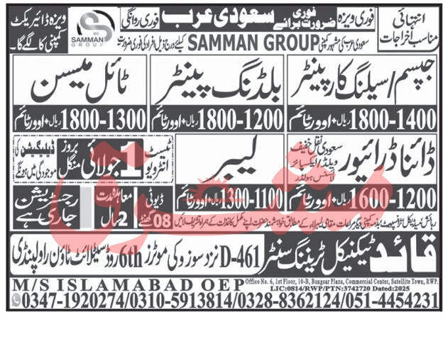 Carpenter, Building Painter, Mason, Driver, Labour Jobs in Saudi Arabia